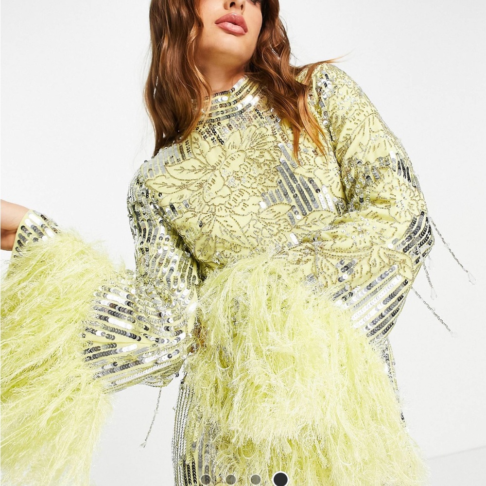 ASOS EDITION 💛 - floral sequin and bead midi dress with faux feather cuff in 🍋